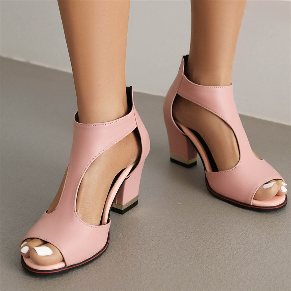 Women’s Heeled Sandals – Block Heel – Open Toe – Cut-Out Sides – Ankle Strap Support Pink