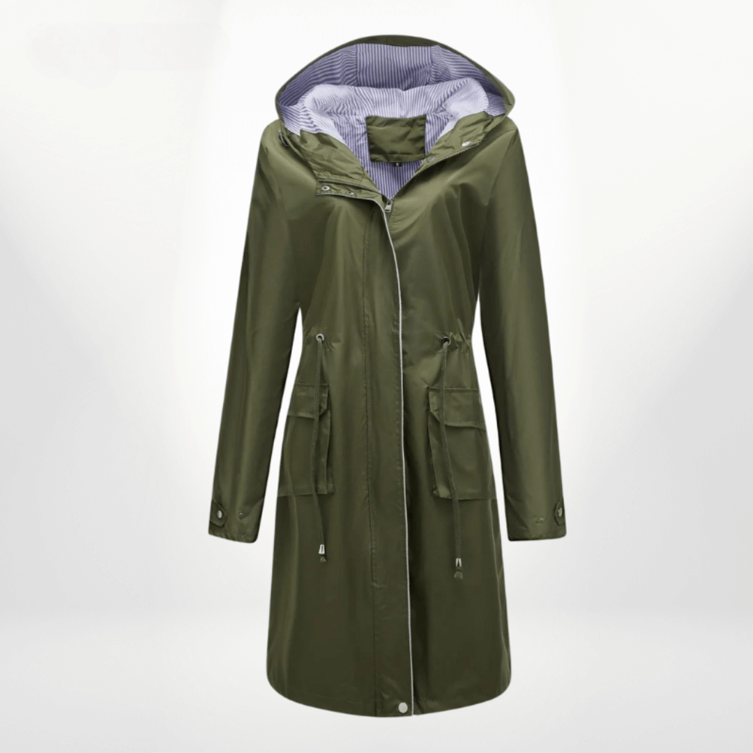 Women’s Trench Coat – Waterproof Over-Knee – Hooded – Adjustable Waist – Flap Pockets Green