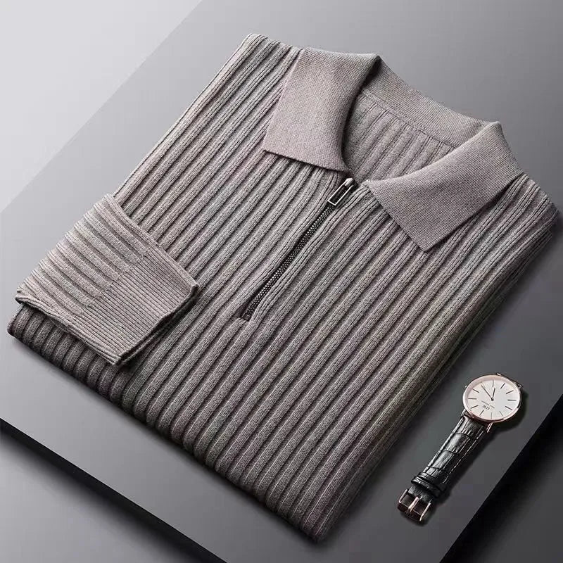 Men’s Pullover Sweater – Wool – Half Zip – Ribbed – Polo Collar – Regular Fit Gray