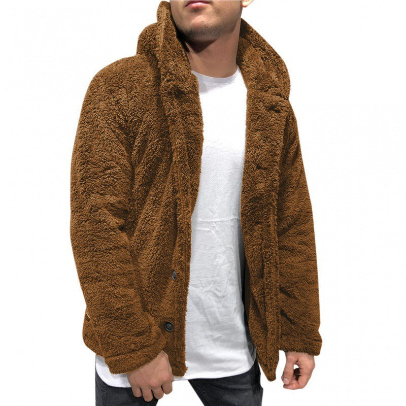 Men’s Hooded Jacket – Fleece Texture – Relaxed Fit – Button Front Casual Outerwear Brown