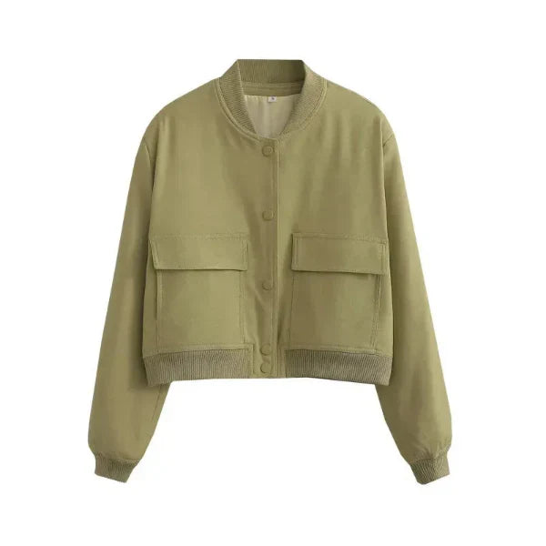 Women’s Bomber Jacket – Relaxed Fit – Cropped Length – Button Front – Flap Pockets Green