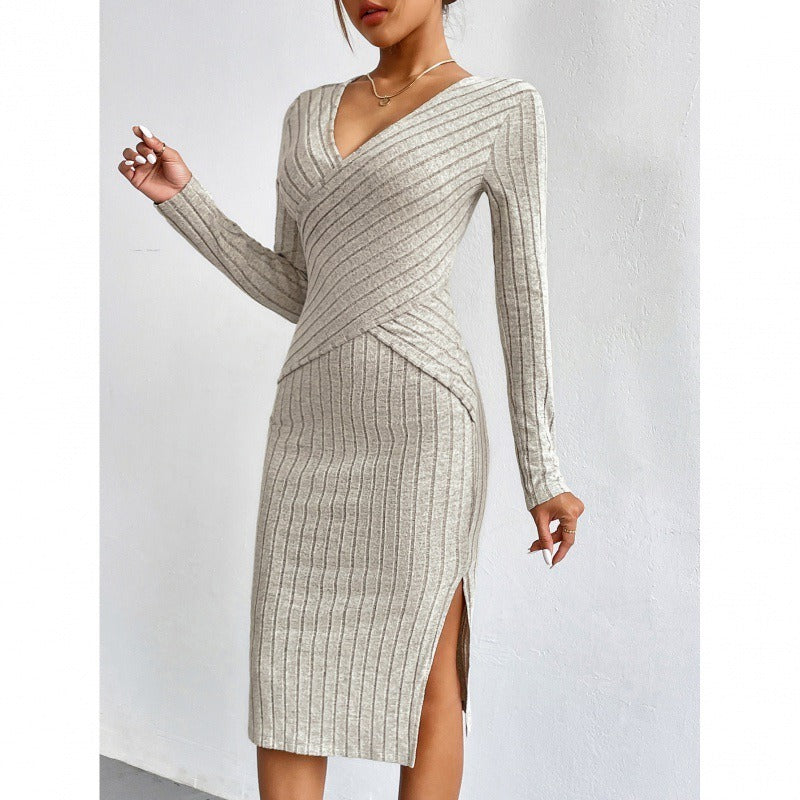 Women’s Midi Dress – Ribbed Knit – Slim Fit Wrap – Long Sleeve – Side Slit Khaki