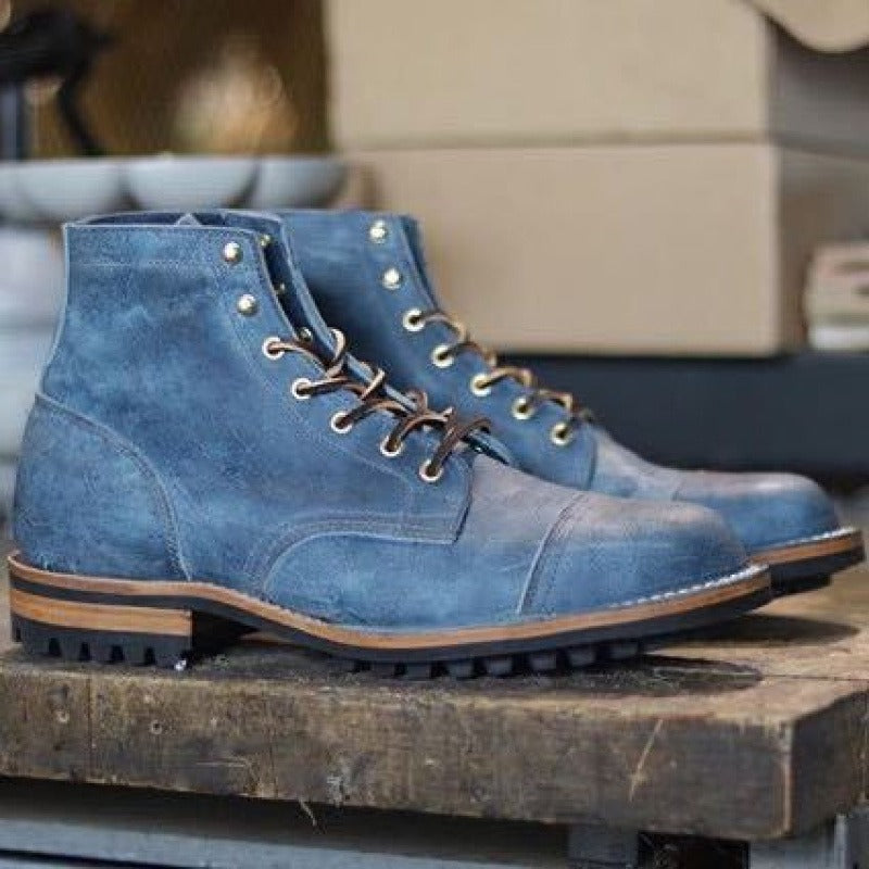 Men’s Ankle Boots – Leather – Lace-Up – Rugged Sole – Low Heel – Casual Fit Blue