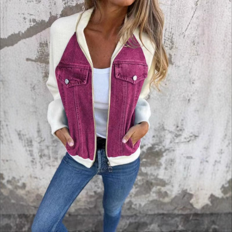 Women’s Denim Jacket – Relaxed Fit – Patchwork Design – Button Front Casual Layer Purple