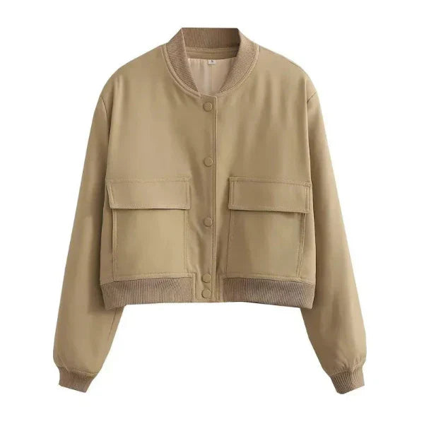 Women’s Bomber Jacket – Relaxed Fit – Cropped Length – Button Front – Flap Pockets Brown