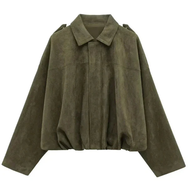 Women’s Bomber Jacket – Cropped Fit – Lapel Collar – Zip Front – Elastic Hem – Epaulettes Green
