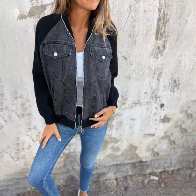 Women’s Denim Jacket – Relaxed Fit – Patchwork Design – Button Front Casual Layer Black