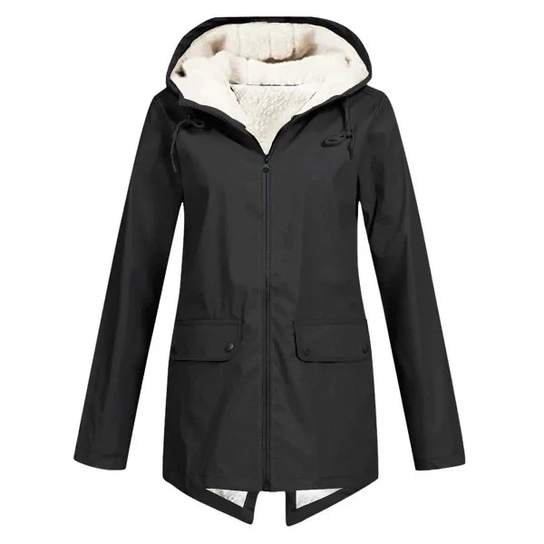 Women’s Trench Coat – Waterproof – Fleece Lined – Hooded – Tailored Fit – Mid Length Black