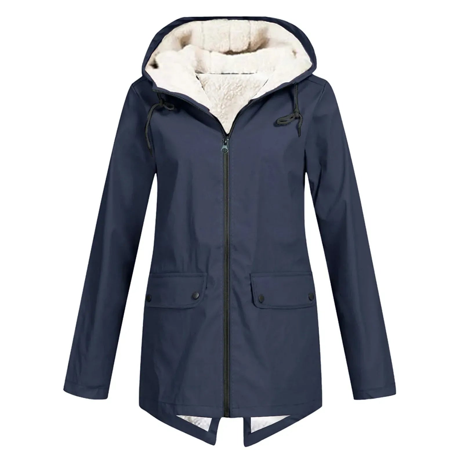 Women’s Trench Coat – Waterproof – Fleece Lined – Hooded – Tailored Fit – Mid Length Dark Blue