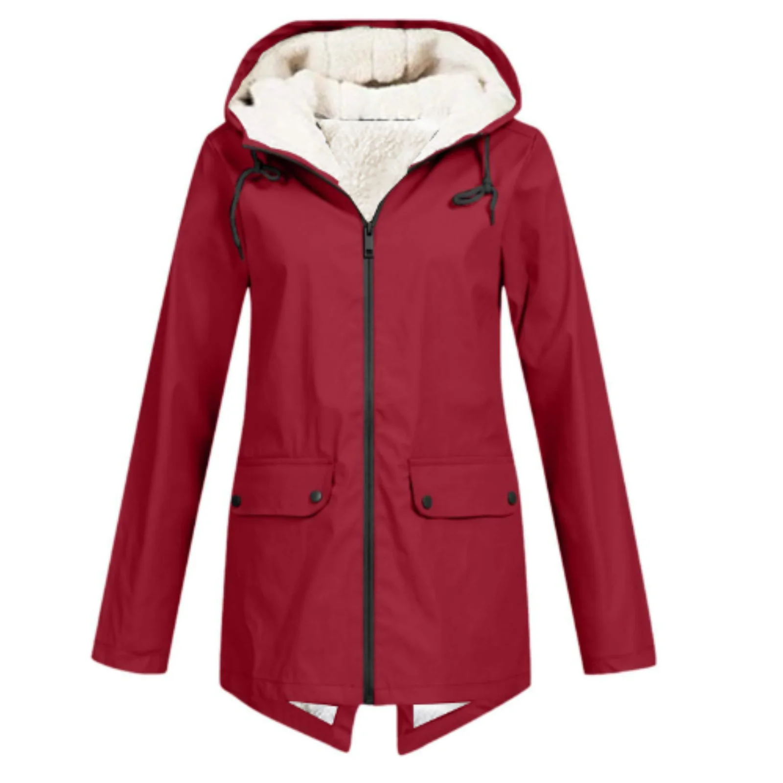 Women’s Trench Coat – Waterproof – Fleece Lined – Hooded – Tailored Fit – Mid Length Red