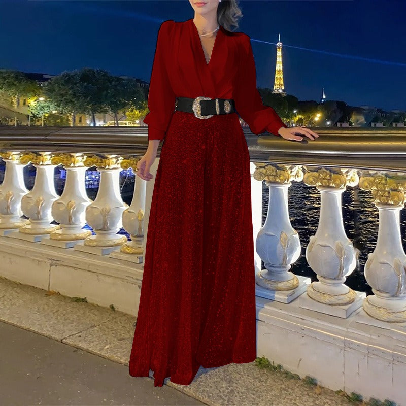 Women’s Jumpsuit – Tailored Fit – V-Neck – Sequin Wide Leg – Long Sleeve Red