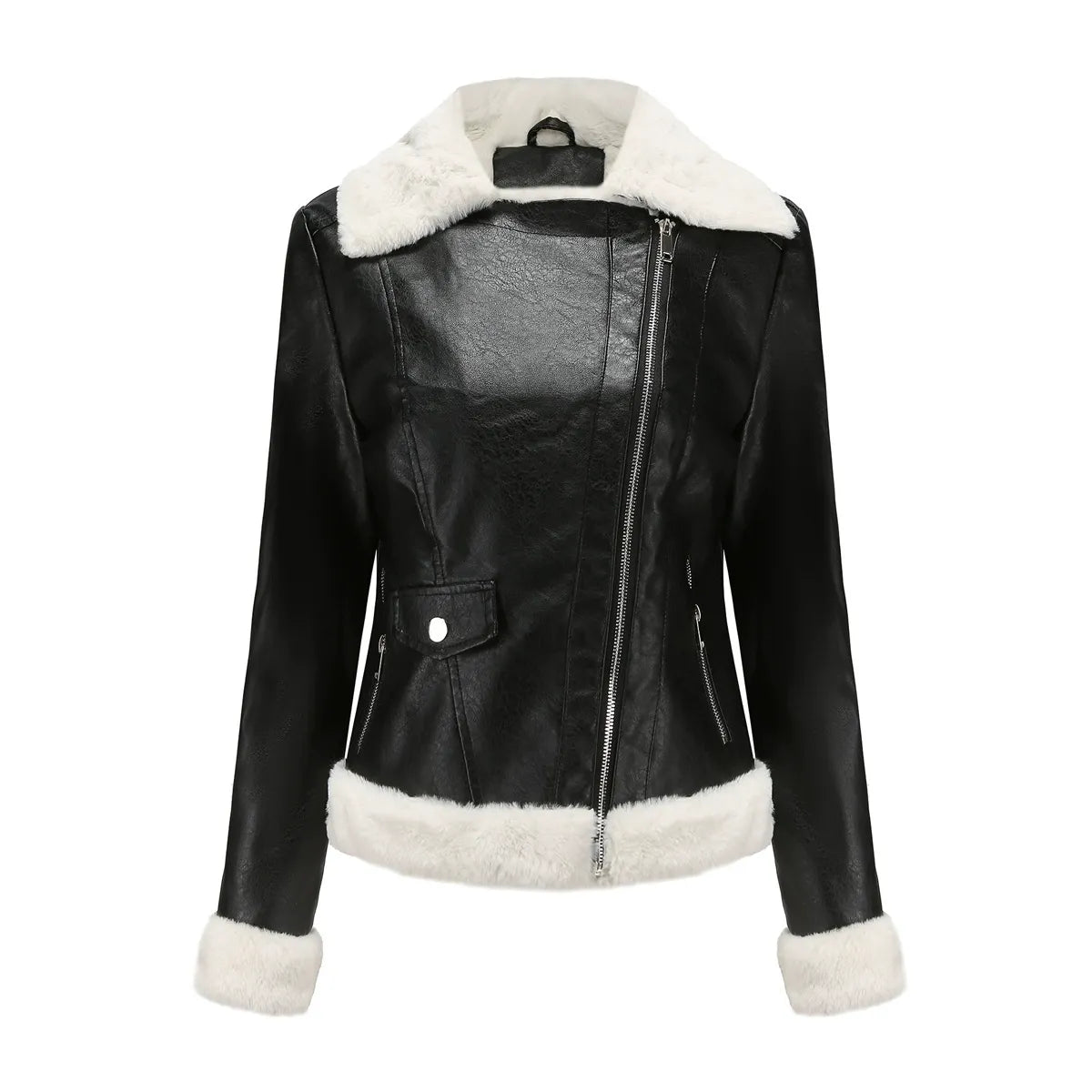 Women’s Faux Leather Jacket – Structured Fit – Faux Fur Trim – Asymmetrical Zip Black