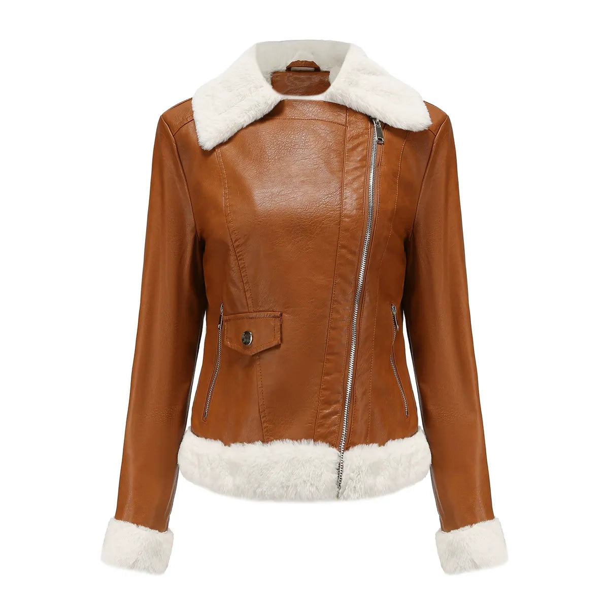 Women’s Faux Leather Jacket – Structured Fit – Faux Fur Trim – Asymmetrical Zip Camel