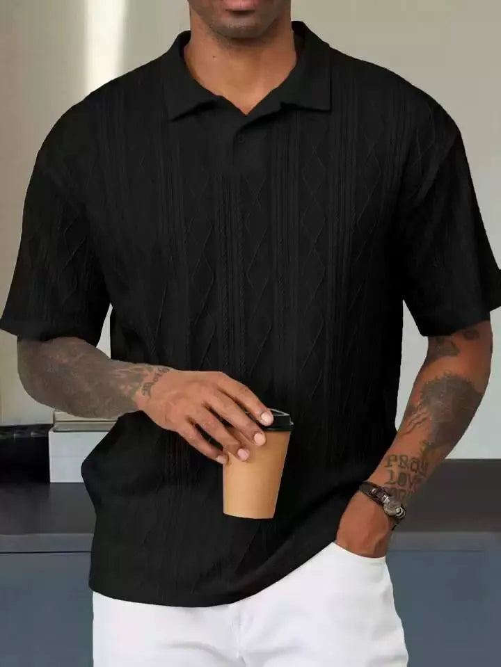 Men's Textured Knit Polo Shirt - Relaxed Cotton Blend - DiamondKnit Black