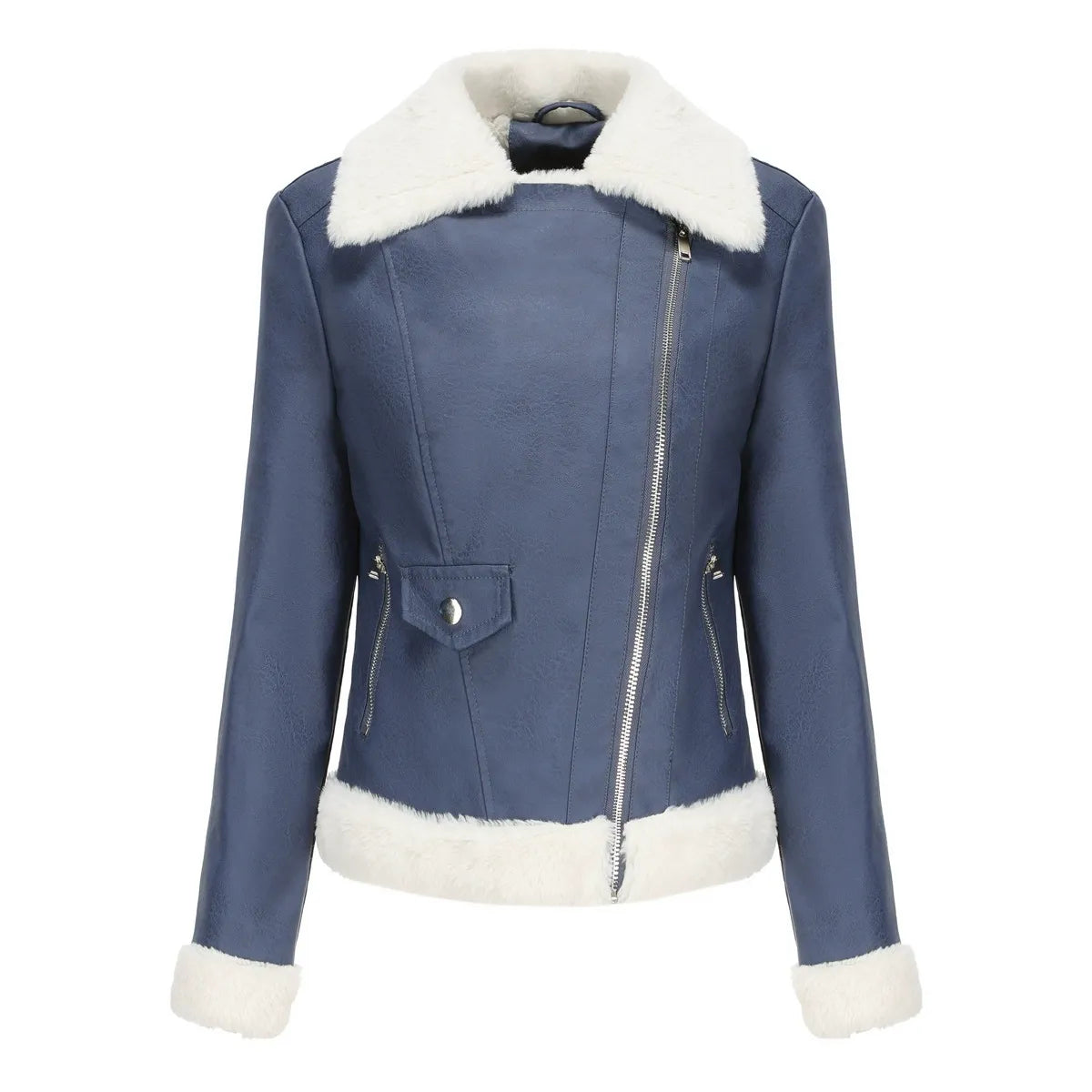 Women’s Faux Leather Jacket – Structured Fit – Faux Fur Trim – Asymmetrical Zip Blue