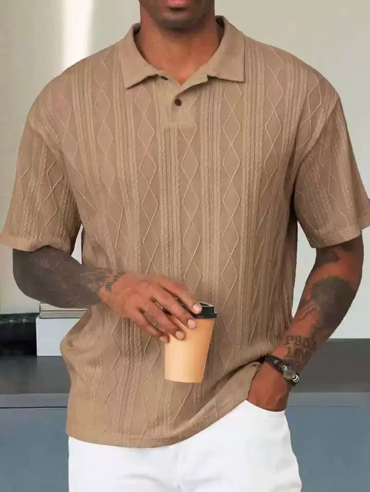 Men's Textured Knit Polo Shirt - Relaxed Cotton Blend - DiamondKnit Army Green