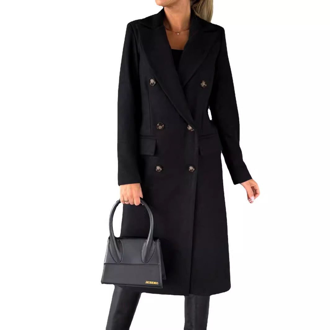 Women’s Trench Coat – Tailored Fit – Wool Blend – Double-Breasted – Knee Length Black