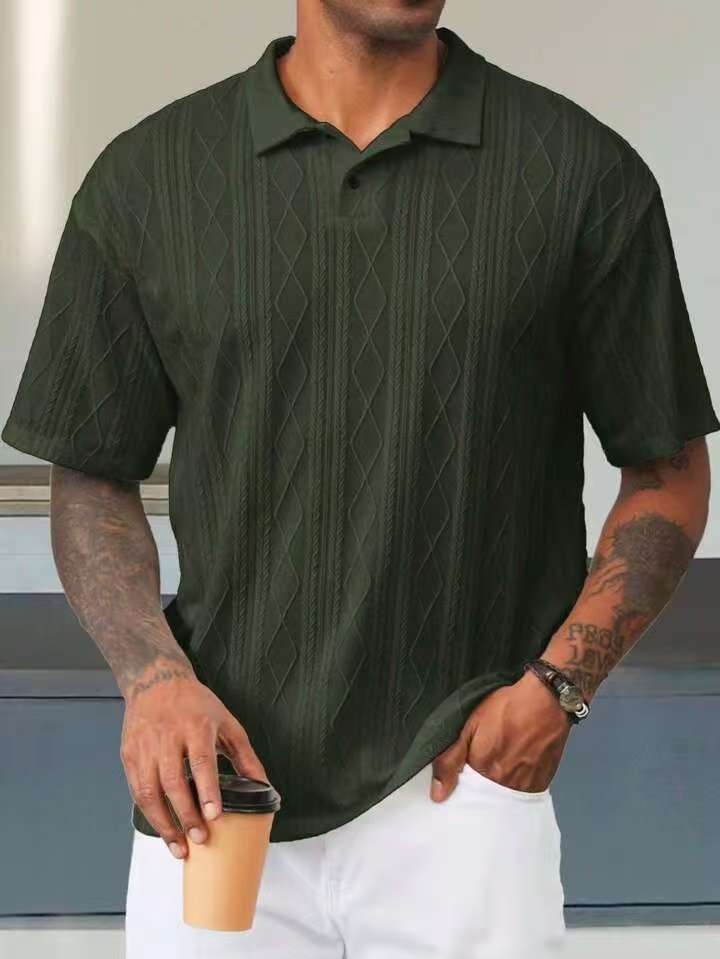Men's Textured Knit Polo Shirt - Relaxed Cotton Blend - DiamondKnit Grey