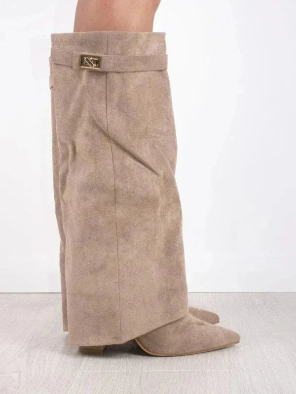 Women's Suede Knee-High Block Heel Boots - Couture Moda Cream