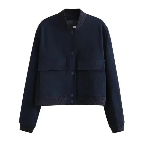 Women’s Bomber Jacket – Relaxed Fit – Cropped Length – Button Front – Flap Pockets Dark Blue