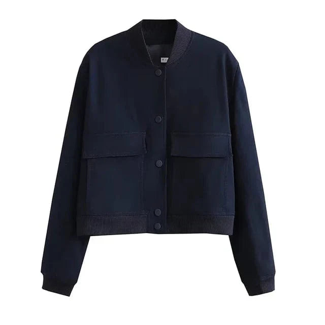 Women's Cropped Varsity Jacket - Classic Chic Button-Up - VarsityVogue Blue