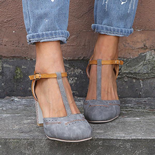 Women’s High Heels – Suede Finish – T-Strap – Block Heel – Perforated Toe – Buckle Closure Grey