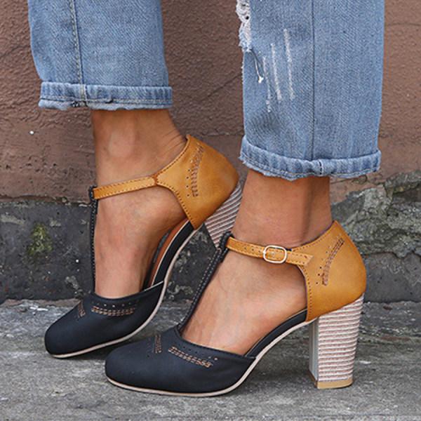 Women’s High Heels – Suede Finish – T-Strap – Block Heel – Perforated Toe – Buckle Closure Black