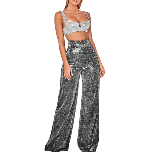 Women's Glitter Pants High-Waisted Wide-Leg - ShimmerGlow