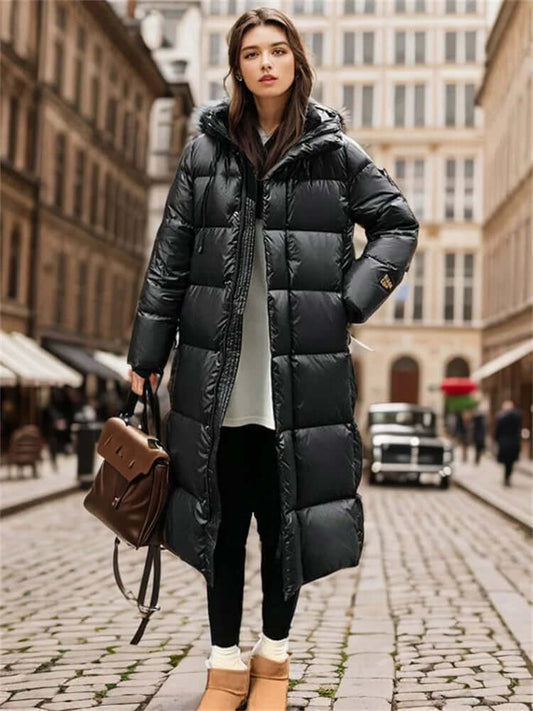 Women’s Padded Jacket – Oversized Fit – Quilted Hooded – Full Length Warm Design Black