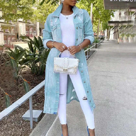 Women’s Trench Coat – Denim – Relaxed Fit – Distressed – Full Length – Button Front Light Blue
