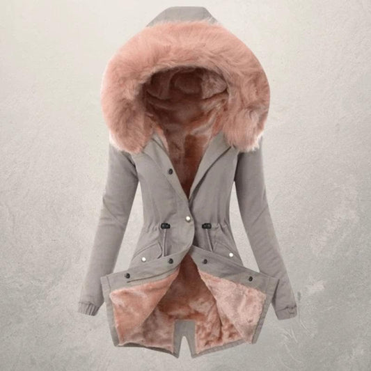Women’s Parka Jacket – Mid-Length Fit – Faux Fur Lined – Hooded with Button Closure Gray Pink