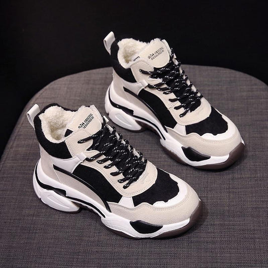 Women’s High-Top Sneakers – Chunky Sole – Plush Lining – Textured Panels – Casual Fit Black