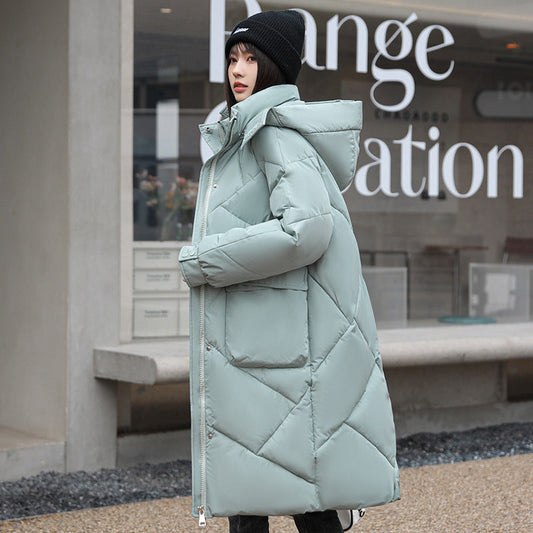 Women’s Quilted Coat – Oversized Fit – Padded Mid-Length – Hooded High Collar Mint Green