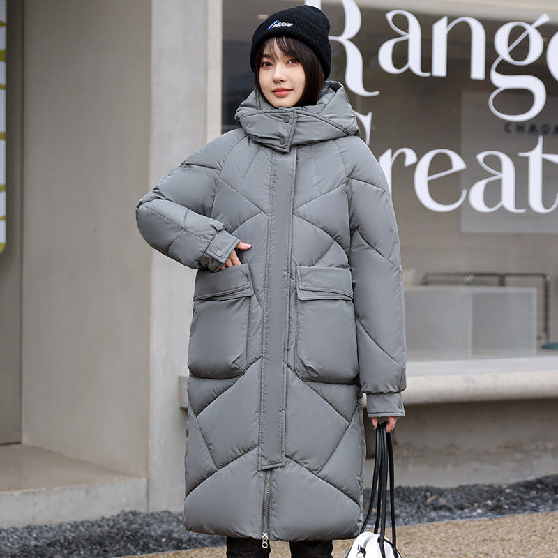 Women’s Quilted Coat – Oversized Fit – Padded Mid-Length – Hooded High Collar Gray