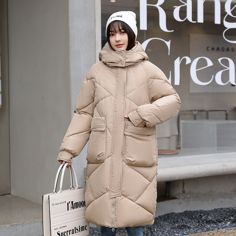 Women’s Quilted Coat – Oversized Fit – Padded Mid-Length – Hooded High Collar Khaki