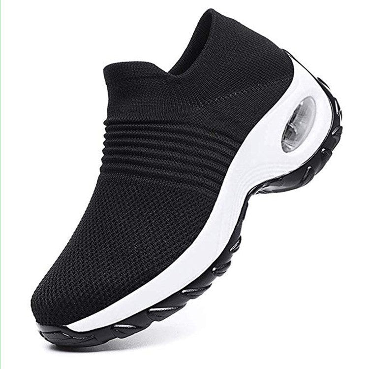 Women’s Low-Top Sneakers – Air Cushion Sole – Slip-On Orthopedic Fit Black White
