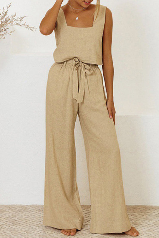 Women's Flowy Jumpsuit Set - Sleeveless Tie-Waist Romper - SummerEase