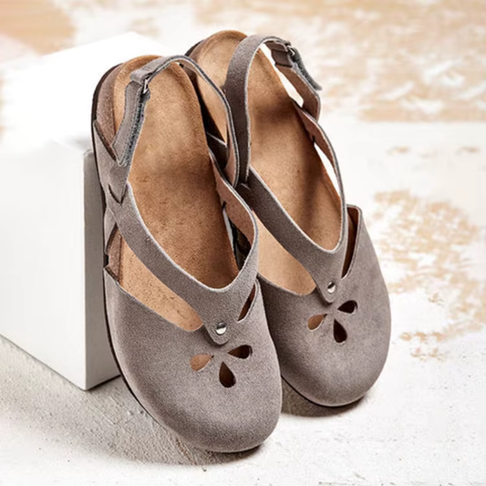 Women’s Flat Sandals – Open Toe – Cut-Out Detail – Cushioned Insole – Ankle Strap Gray