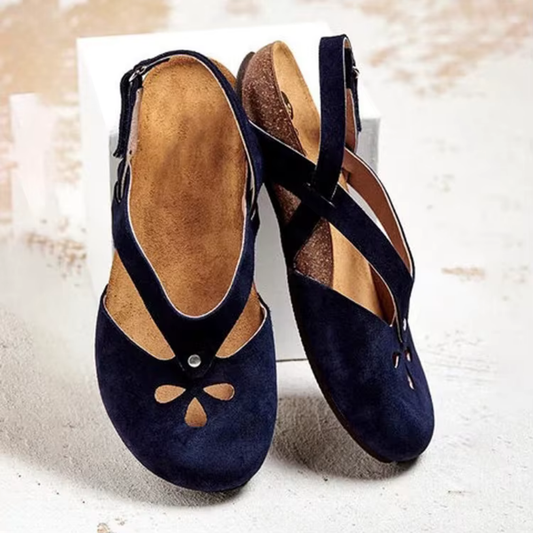 Women’s Flat Sandals – Open Toe – Cut-Out Detail – Cushioned Insole – Ankle Strap Blue