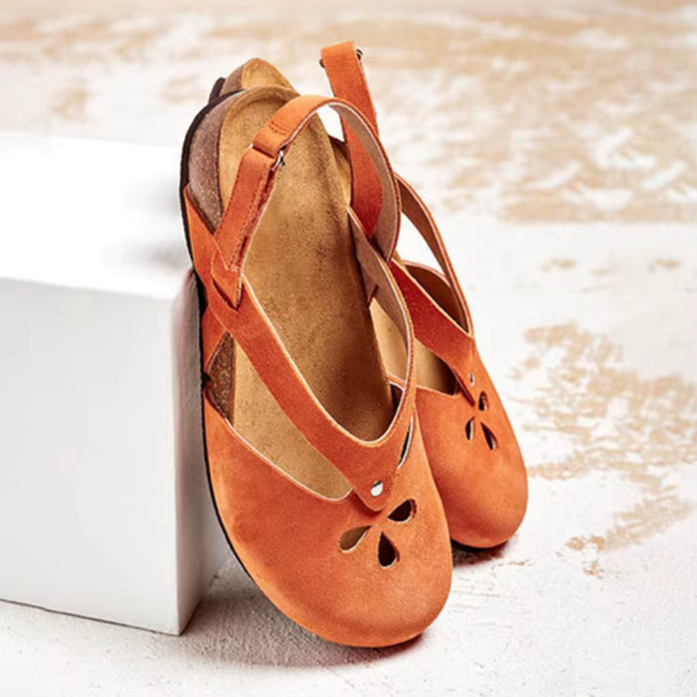 Women’s Flat Sandals – Open Toe – Cut-Out Detail – Cushioned Insole – Ankle Strap Orange