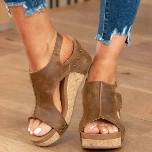 Women's Leather Wedge Sandals Cushioned Open Toe - UrbanStride