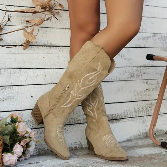 Women’s Knee-High Cowboy Boots – Suede Look – Embroidered – Pointed Toe – Zip Fasten Sand