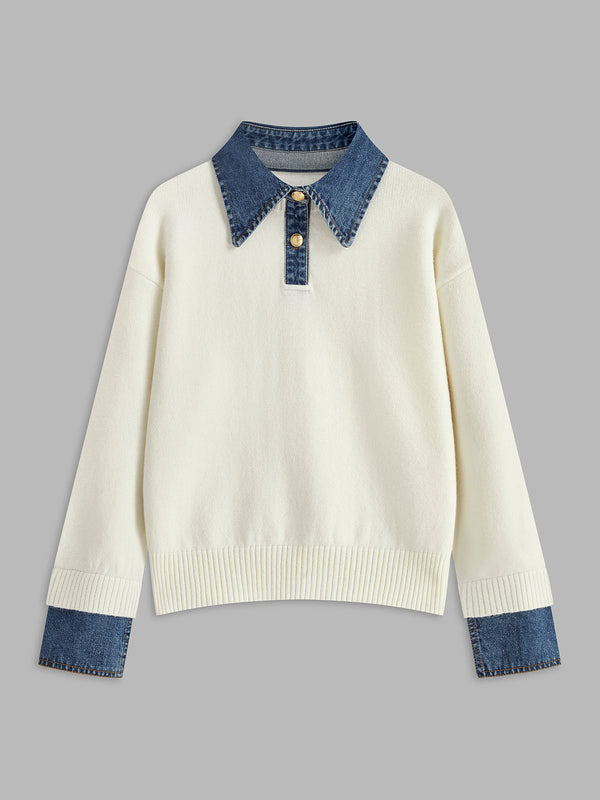Women’s Sweater – Relaxed Fit – Knit Body – Denim Collar and Cuffs – Layered Look White