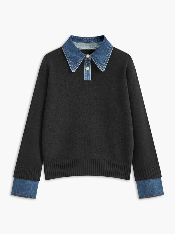 Women’s Sweater – Relaxed Fit – Knit Body – Denim Collar and Cuffs – Layered Look Black