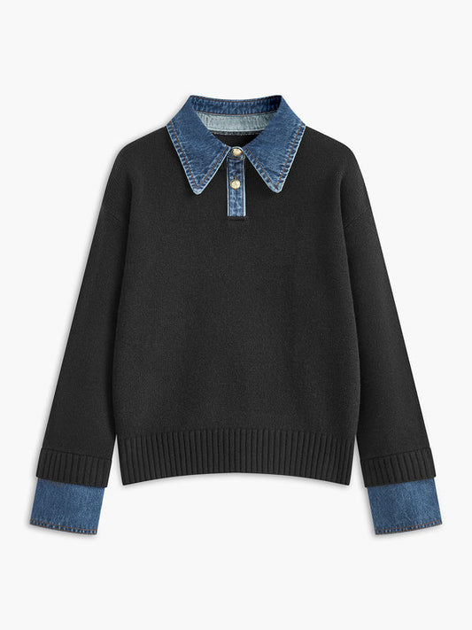 Women’s Sweater – Relaxed Fit – Knit Body – Denim Collar and Cuffs – Layered Look Black