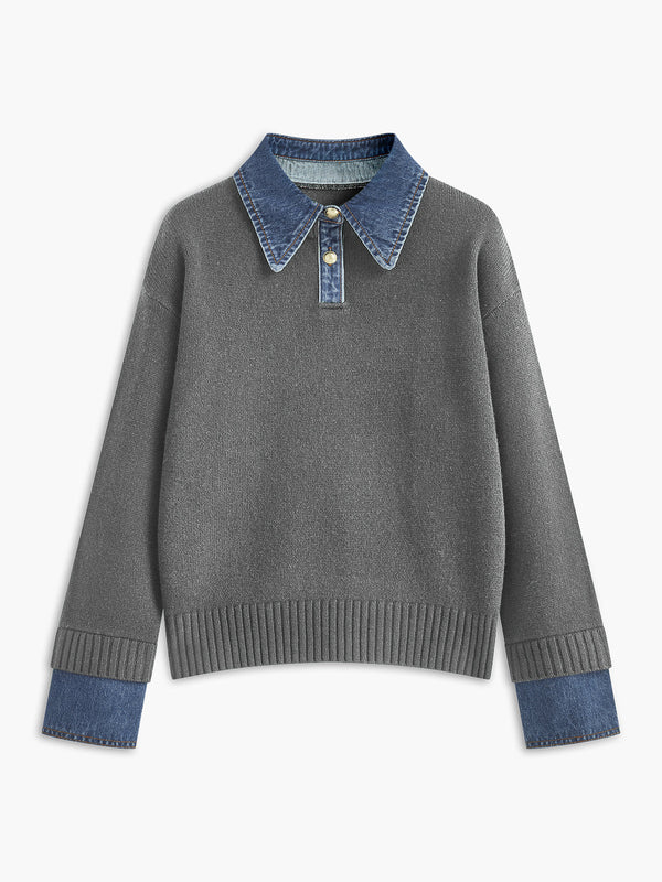 Women’s Sweater – Relaxed Fit – Knit Body – Denim Collar and Cuffs – Layered Look Gray