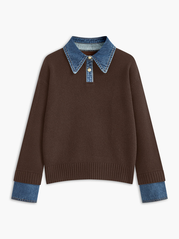 Women’s Sweater – Relaxed Fit – Knit Body – Denim Collar and Cuffs – Layered Look Brown
