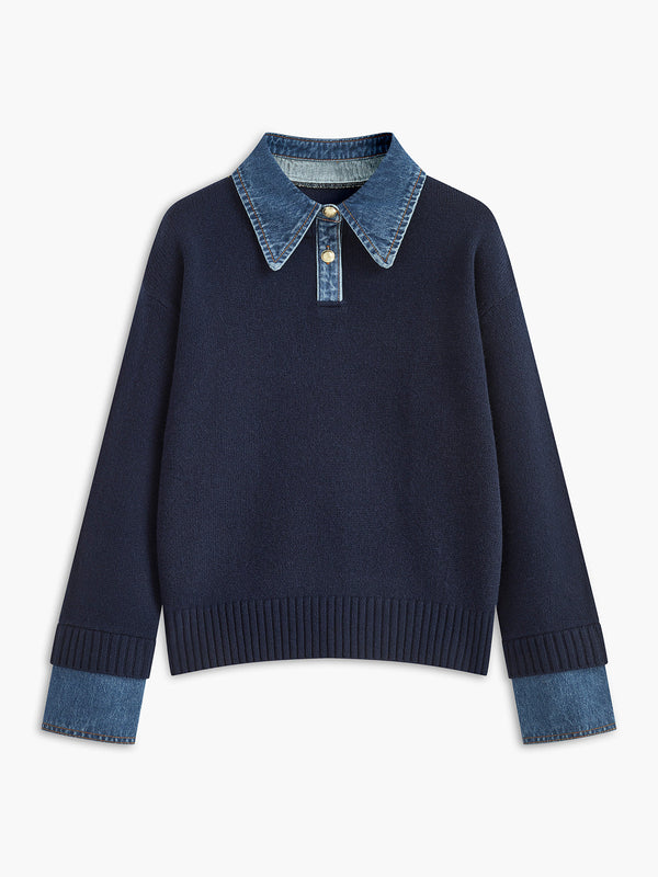 Women’s Sweater – Relaxed Fit – Knit Body – Denim Collar and Cuffs – Layered Look Navy