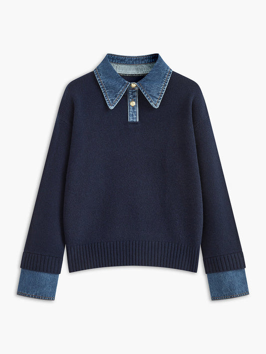 Women’s Sweater – Relaxed Fit – Knit Body – Denim Collar and Cuffs – Layered Look Navy