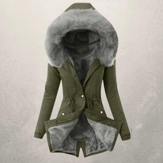 Women’s Parka Jacket – Mid-Length Fit – Faux Fur Lined – Hooded with Button Closure Gray Green